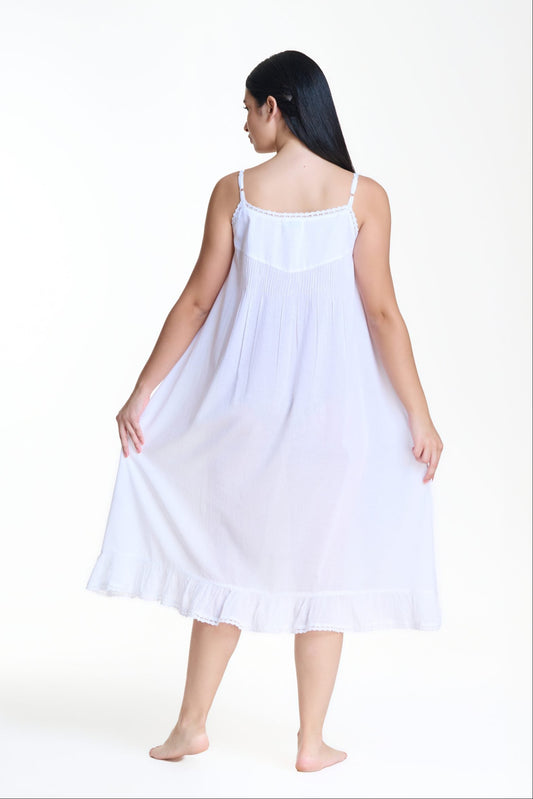 Arabella Summer Pin Tucked Nightdress in White. Elegant & timeless . Thin straps, pin tucks and embroidery in 100% cotton. View from back.