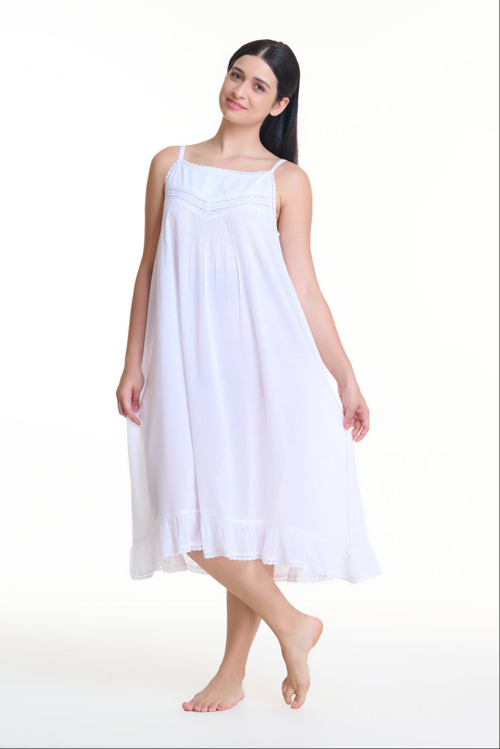 Arabella Summer Pin Tucked Nightdress in White. Elegant & timeless . Thin straps, pin tucks and embroidery in 100% cotton