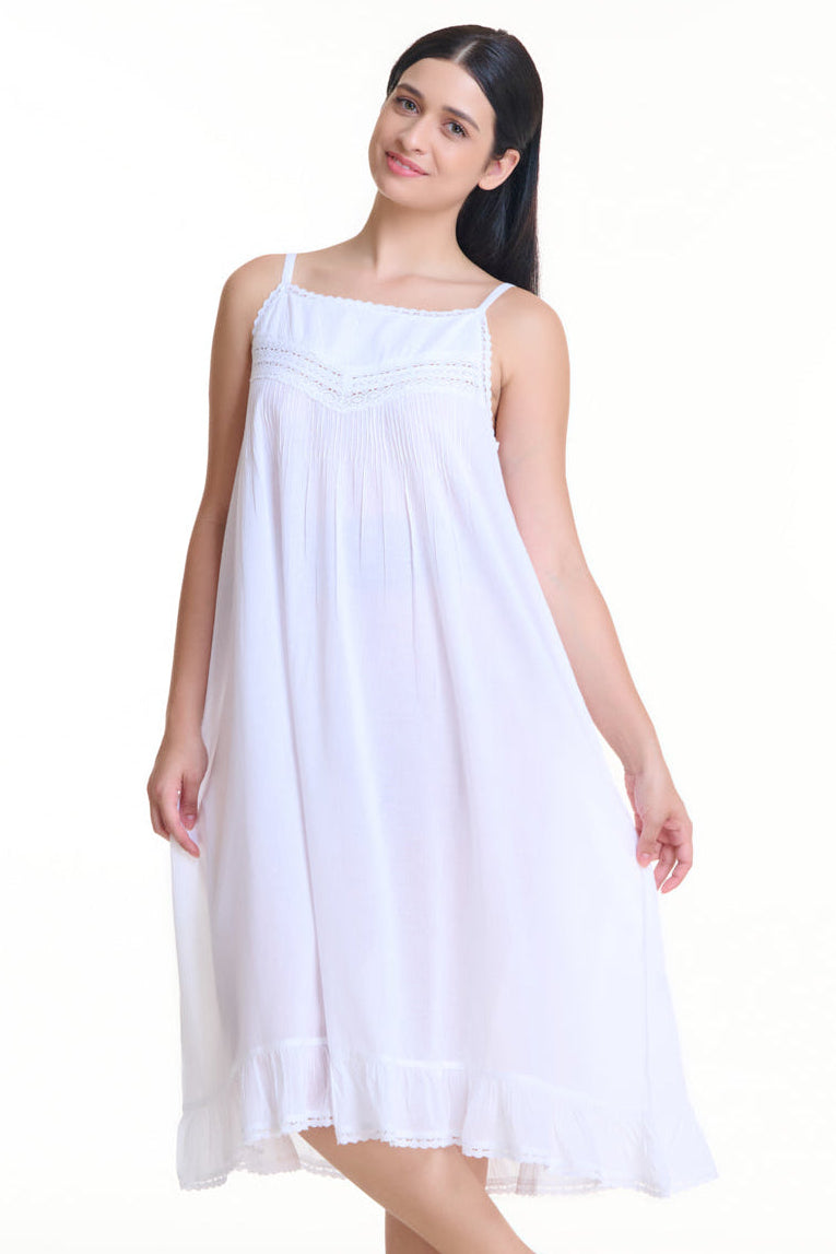 Arabella Summer Pin Tucked Nightdress in White. Elegant & timeless . Thin straps, pin tucks and embroidery in 100% cotton