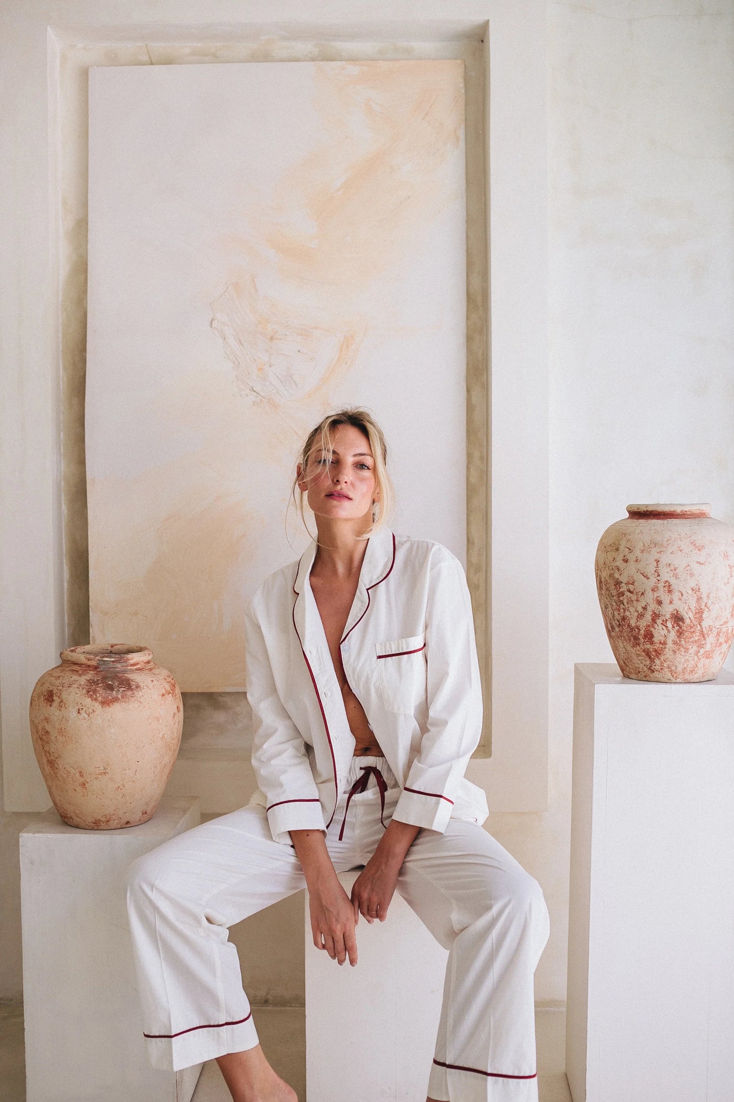 Elegant long sleeved PJ set in Cream with rich burgundy piping. Matching Long trousers with elastic waist and burgundy ribbon