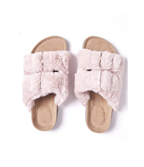 Faux fur slippers in Pink. High quality cork base and are suitable for indor and outdoor wear.