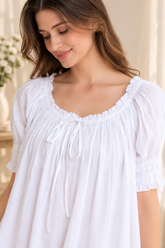 Retro Short sleeve Pin Tuck Cotton Nightdress