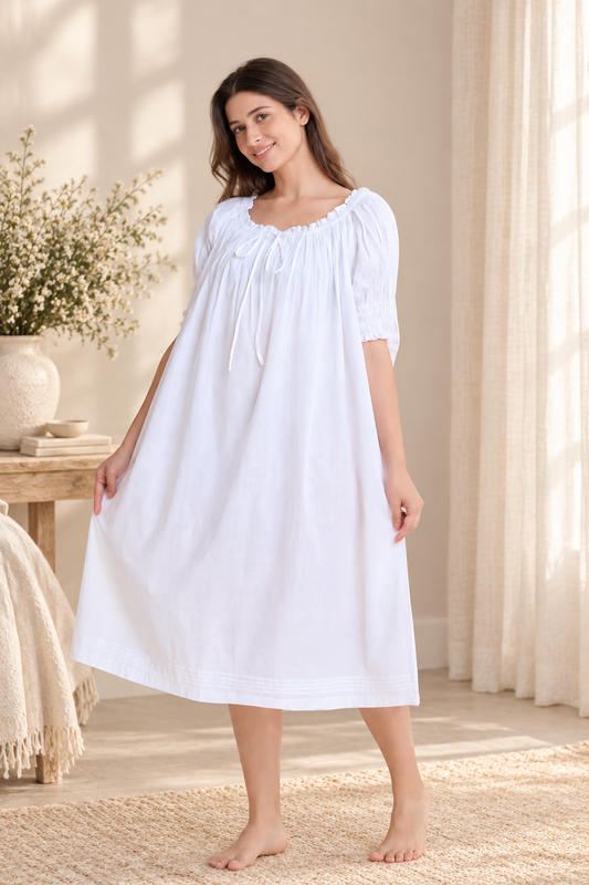 Retro Short sleeve Pin Tuck Cotton Nightdress