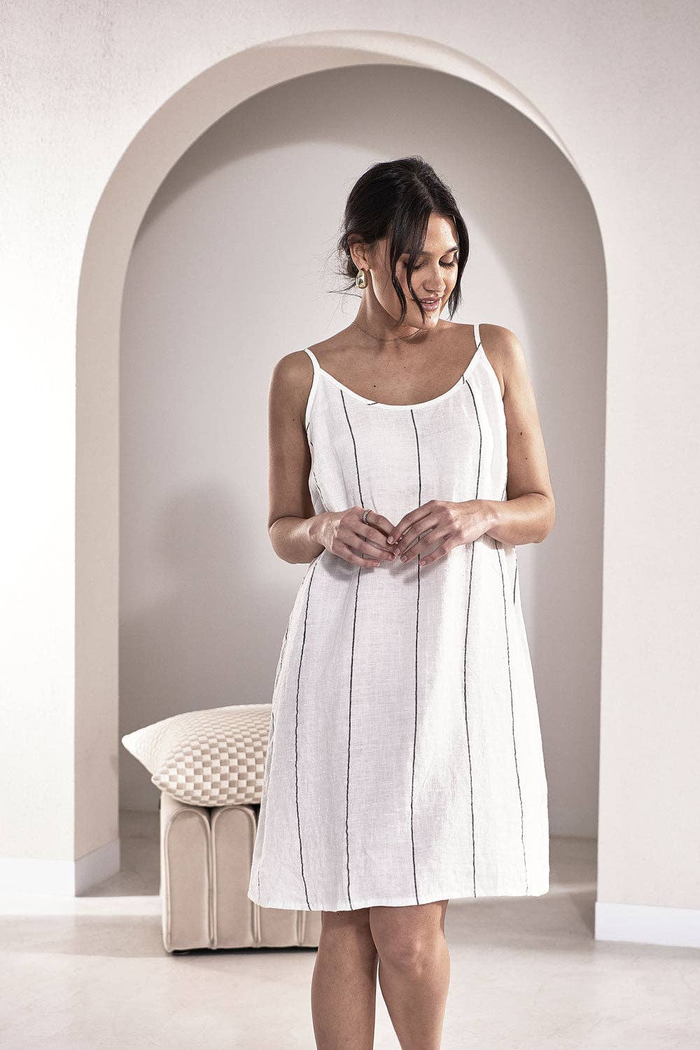 Light and Cool Linen Slip Summer Dress is White with fine Charcoal Stripes. Elasticated back, Shoestring adjustable straps.