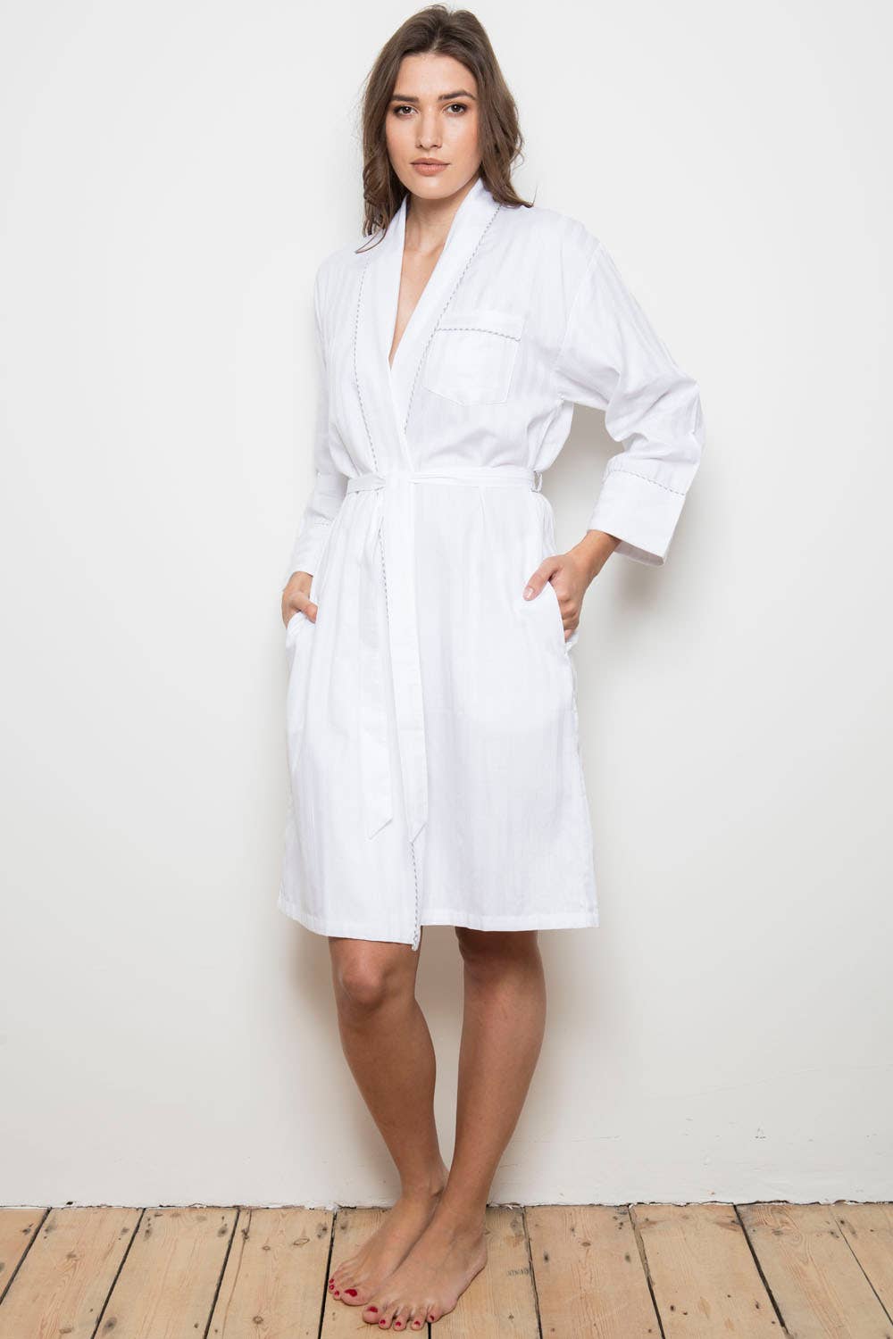 Woman in white Shadow stripe Robe 
