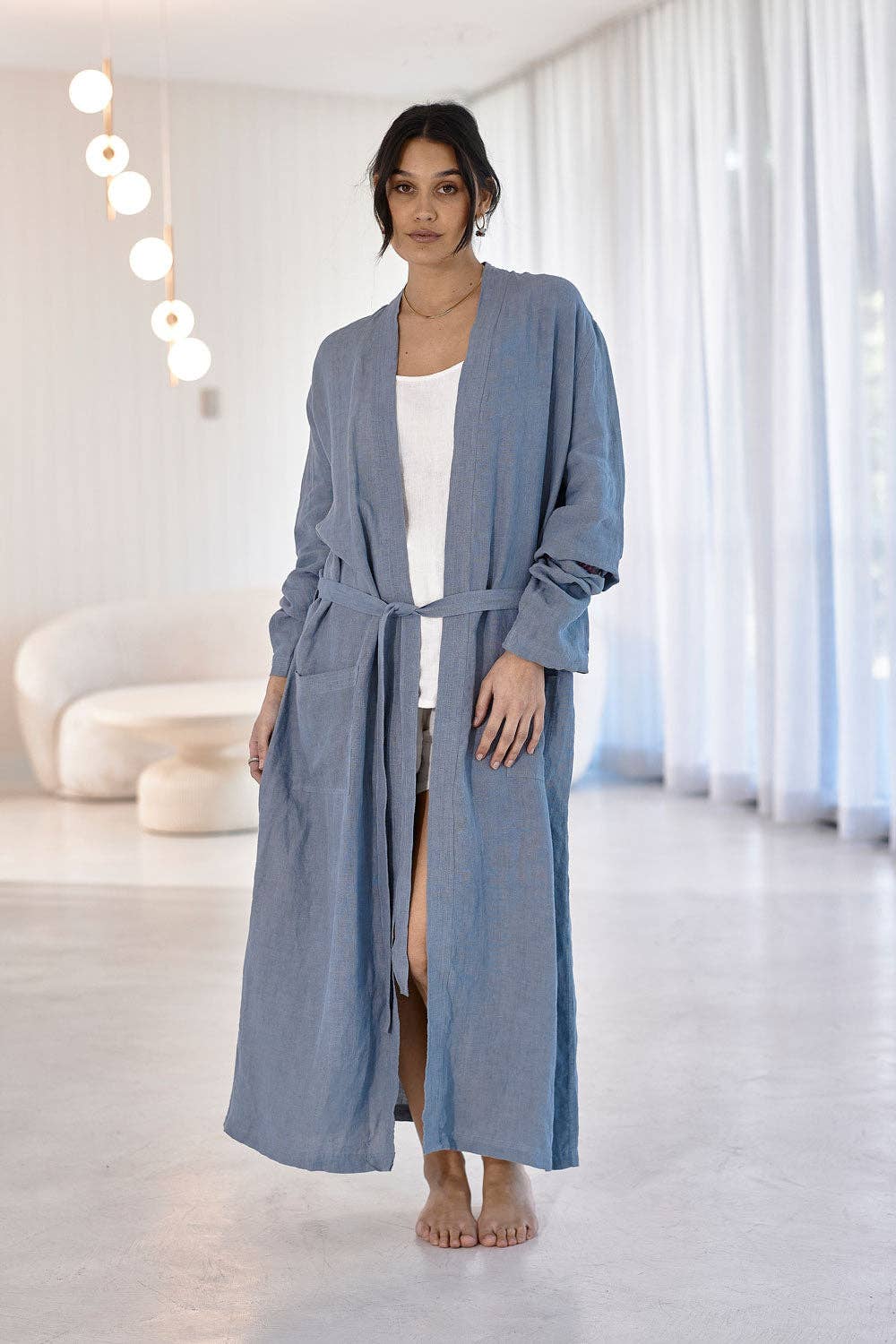 Eadie Fundamental Long Linen Robe in Blue