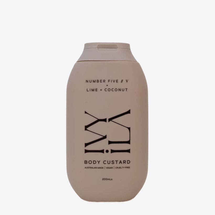 Body custard bottle labeled 'Number Five' with lime and coconut scent on a white background