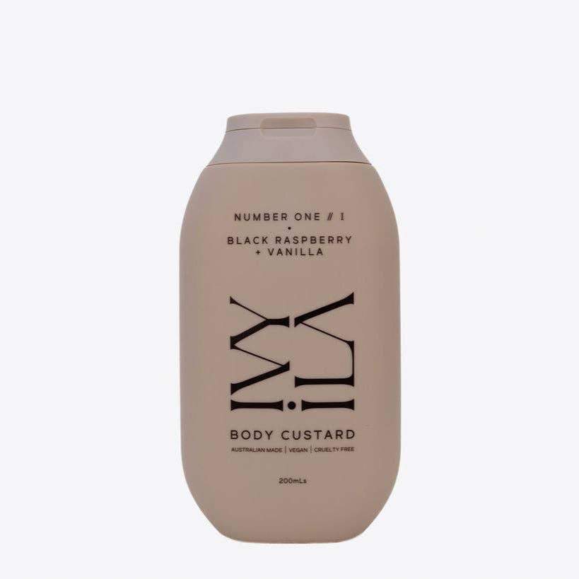 Beige bottle of body custard with black text on a white background