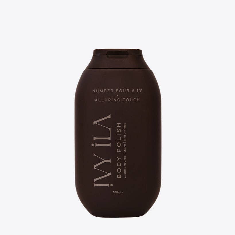 Brown bottle of IVILA body polish on a white background