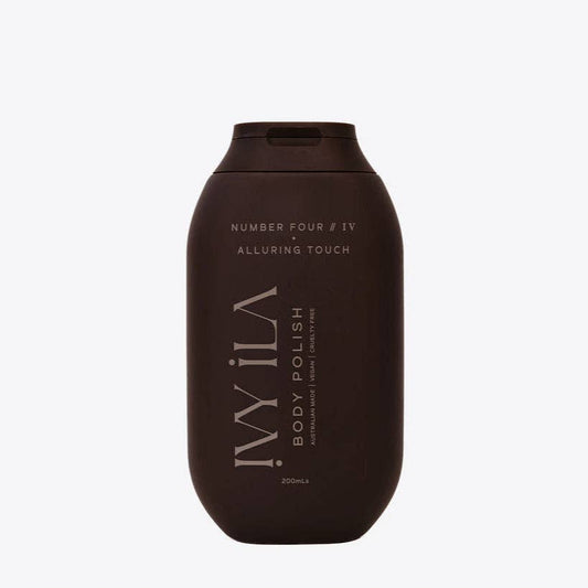 Brown bottle of IVILA body polish on a white background