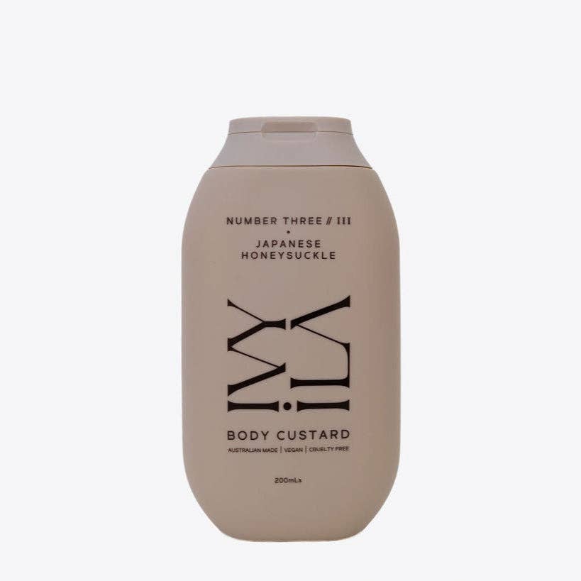 Beige body custard bottle with black text on a white background