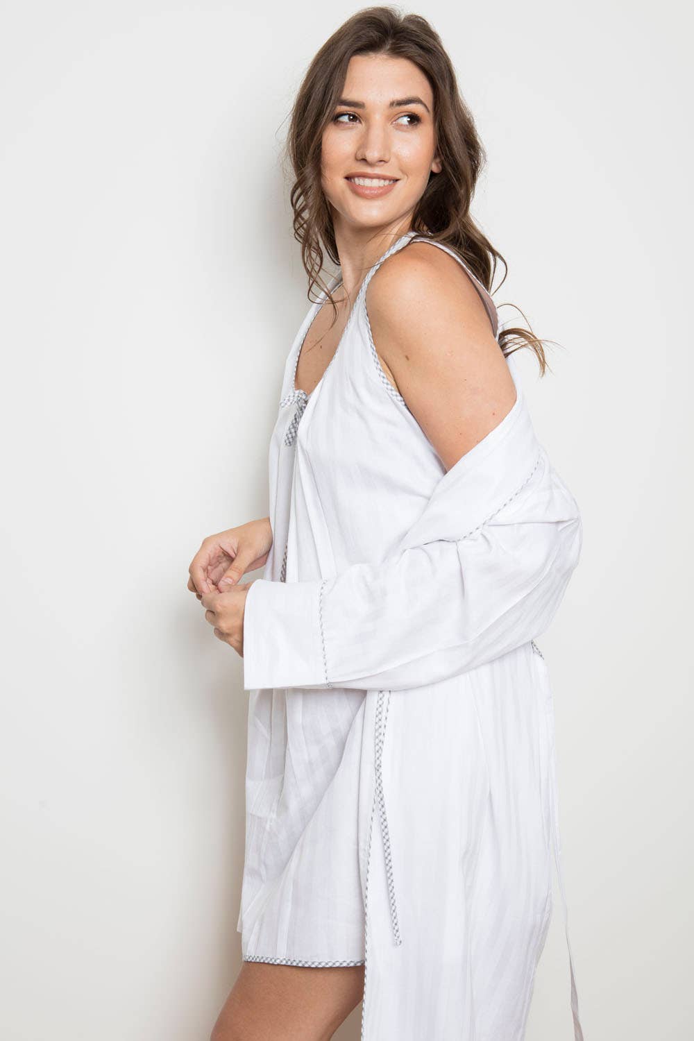 Woman in Short Nightdress with matching white Cotton robe