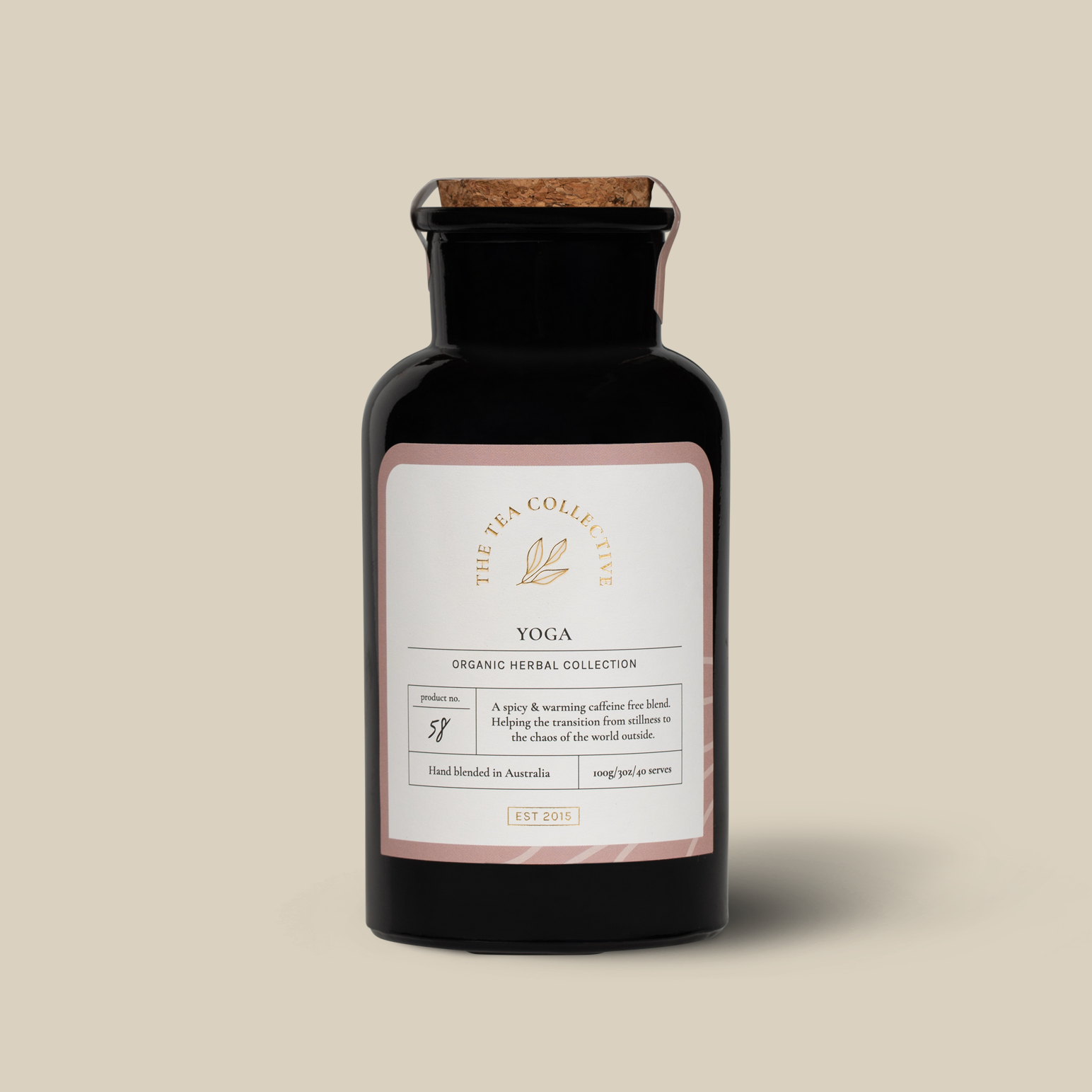 Yoga 'Body & Mind' Tea in a black jar with Cork Lid