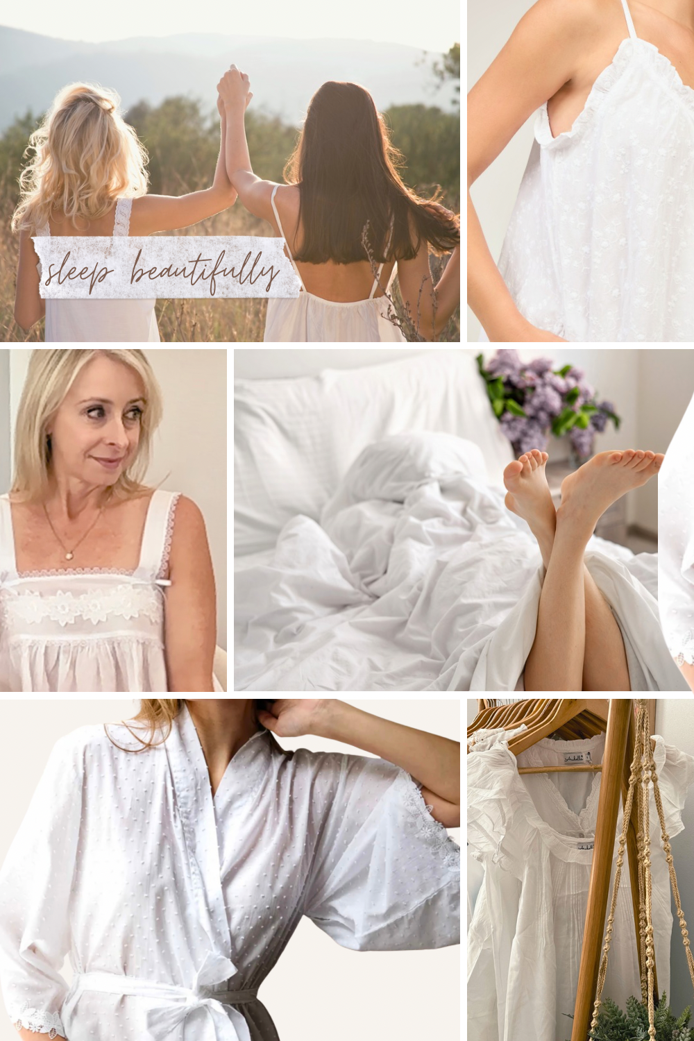 Collage of images featuring women in white sleepwear with a focus on comfort and relaxation.