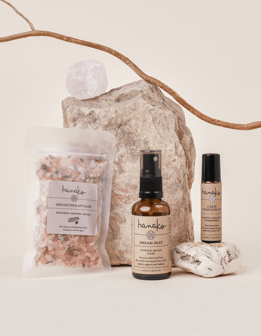bath soak, dream mist spray, calm temple balm 